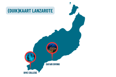 Kaart van Lanzarote met Dive College- en Safari Diving-locaties gemarkeerd.